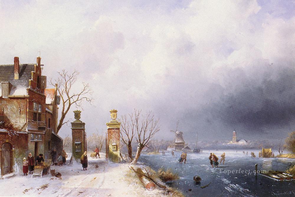 Belga de 1818 a 1907Un paisaje invernal iluminado por el sol de Lansca Charles Leickert Pintura al óleo